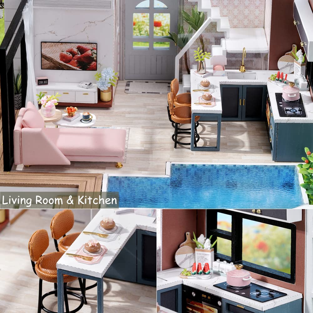 TuKIIE 1:24 Garden Villa Dollhouse Kit with Furniture, Dust-Proof Cover & Music Movement