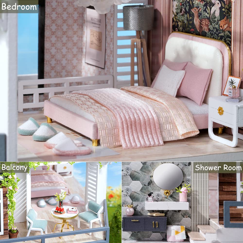 TuKIIE 1:24 Garden Villa Dollhouse Kit with Furniture, Dust-Proof Cover & Music Movement