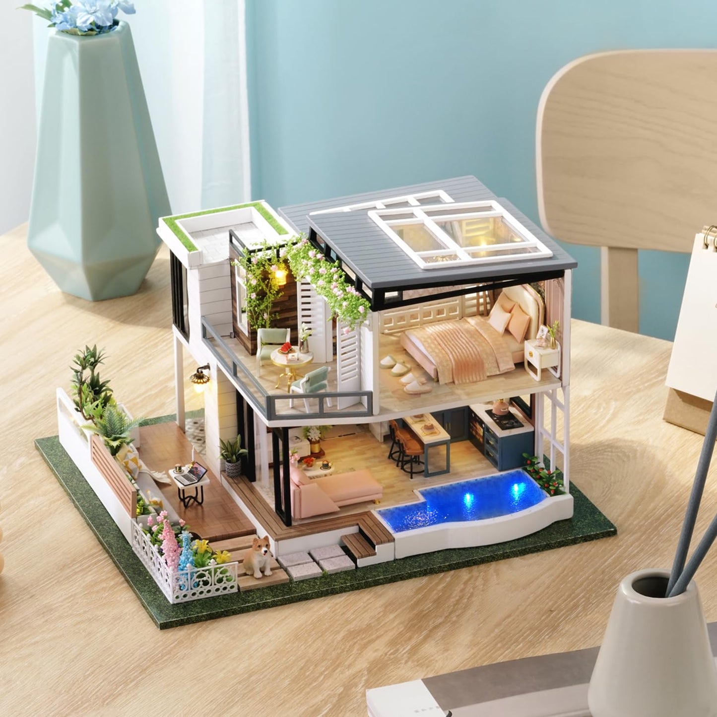 TuKIIE 1:24 Garden Villa Dollhouse Kit with Furniture, Dust-Proof Cover & Music Movement