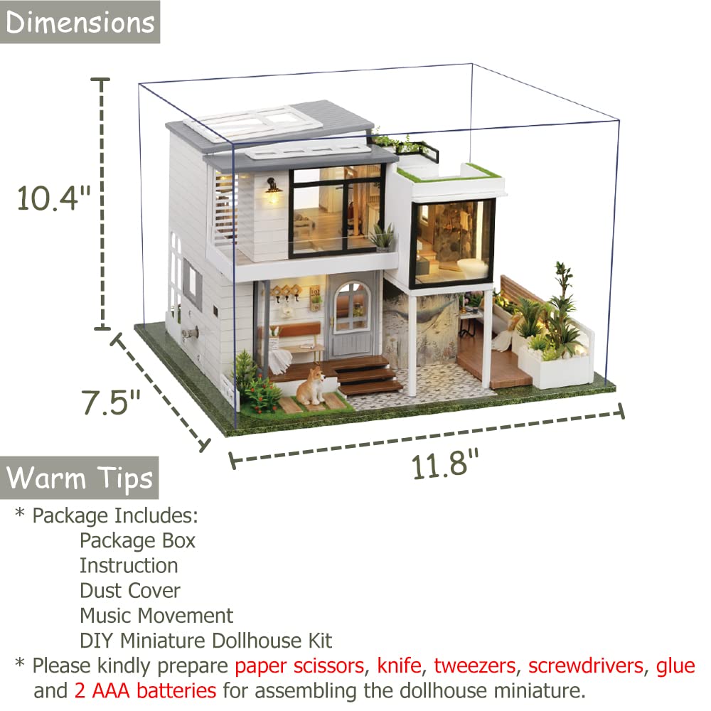 TuKIIE 1:24 Garden Villa Dollhouse Kit with Furniture, Dust-Proof Cover & Music Movement