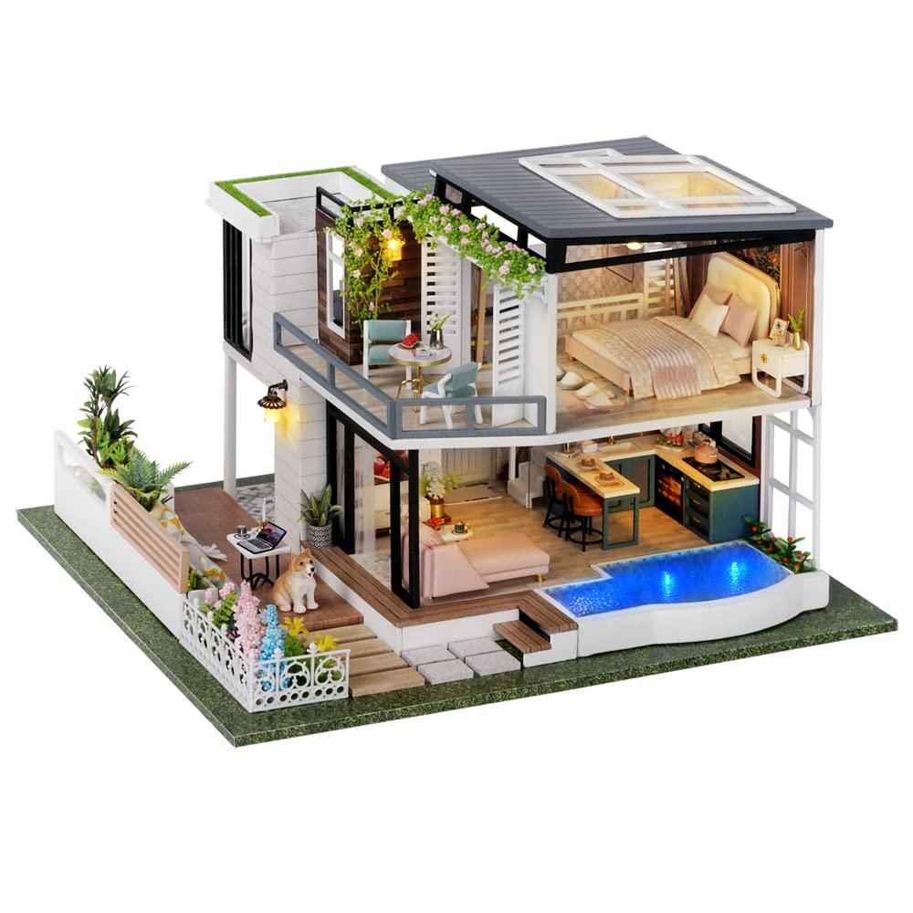 TuKIIE 1:24 Garden Villa Dollhouse Kit with Furniture, Dust-Proof Cover & Music Movement