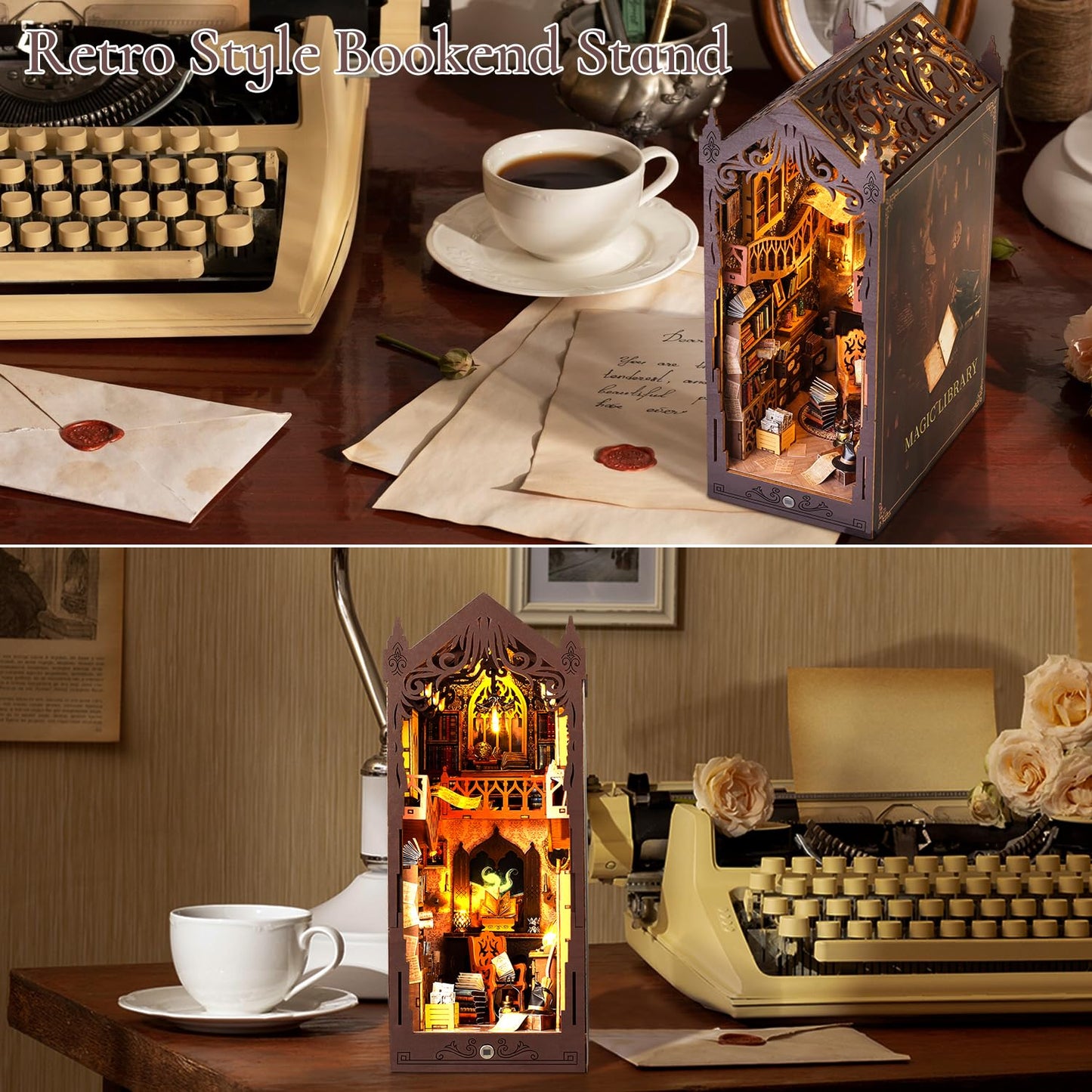 TuKIIE DIY Book Nook Miniature Kit with Sensor Light – Dust-Proof Wooden Library Display