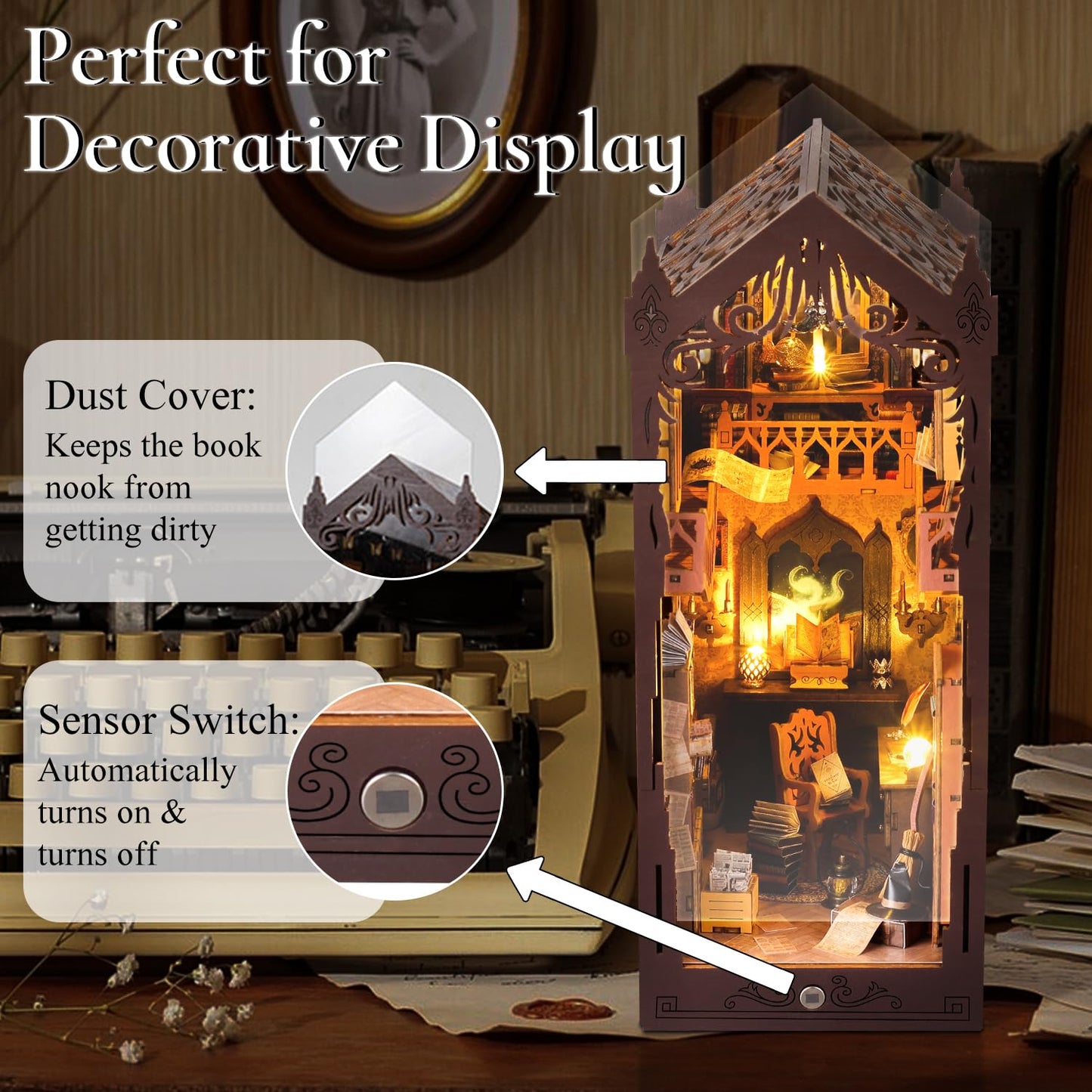 TuKIIE DIY Book Nook Miniature Kit with Sensor Light – Dust-Proof Wooden Library Display