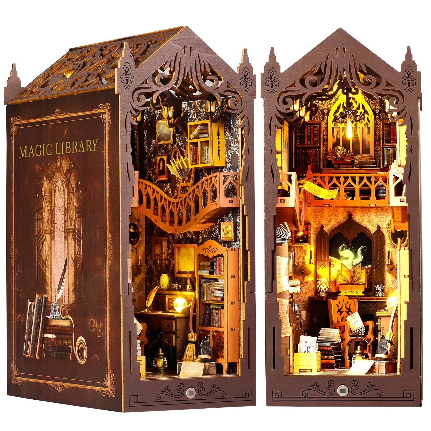 TuKIIE DIY Book Nook Miniature Kit with Sensor Light – Dust-Proof Wooden Library Display