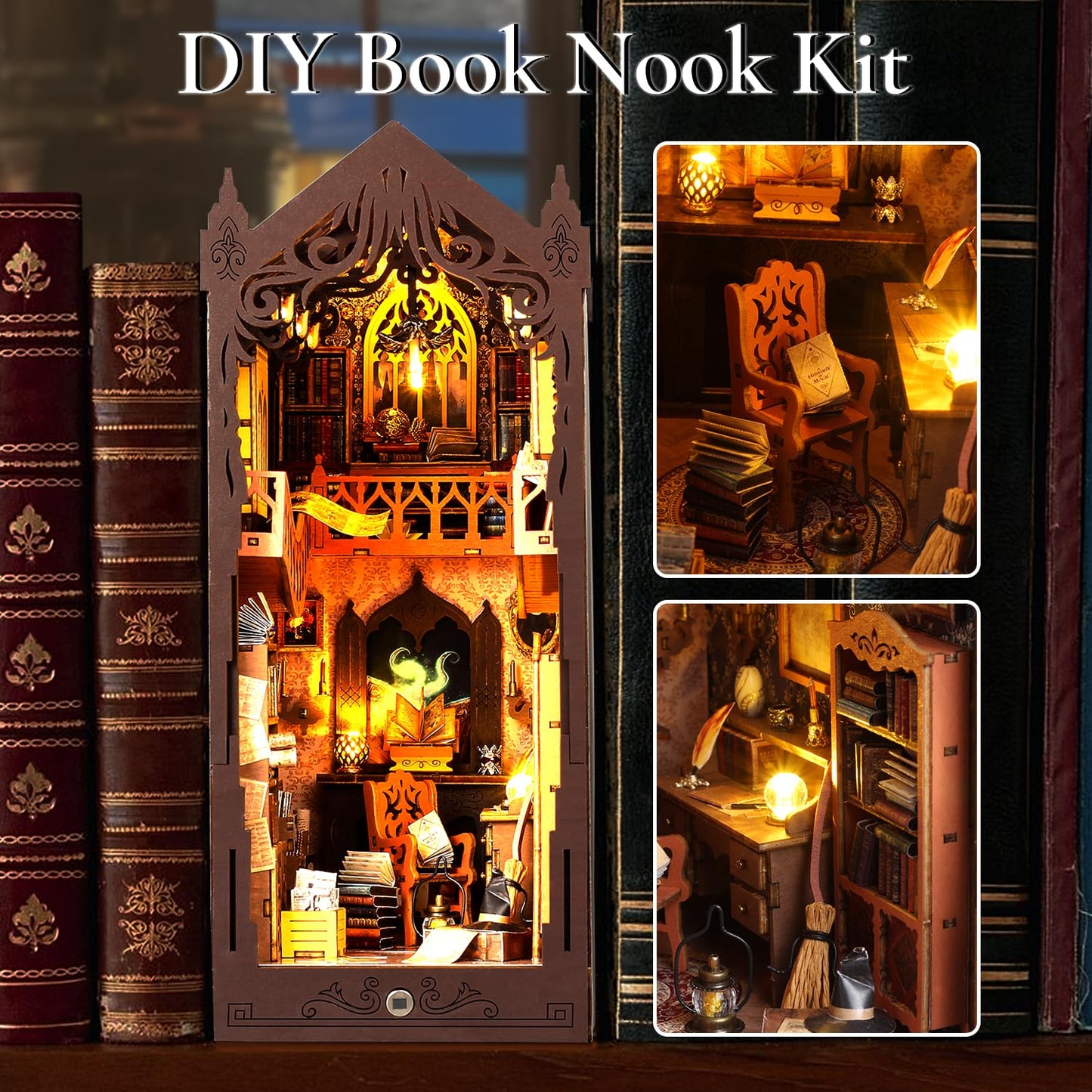 TuKIIE DIY Book Nook Miniature Kit with Sensor Light – Dust-Proof Wooden Library Display