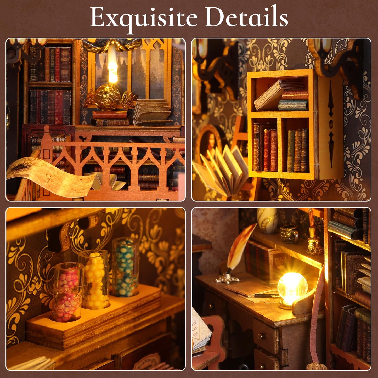 TuKIIE DIY Book Nook Miniature Kit with Sensor Light – Dust-Proof Wooden Library Display