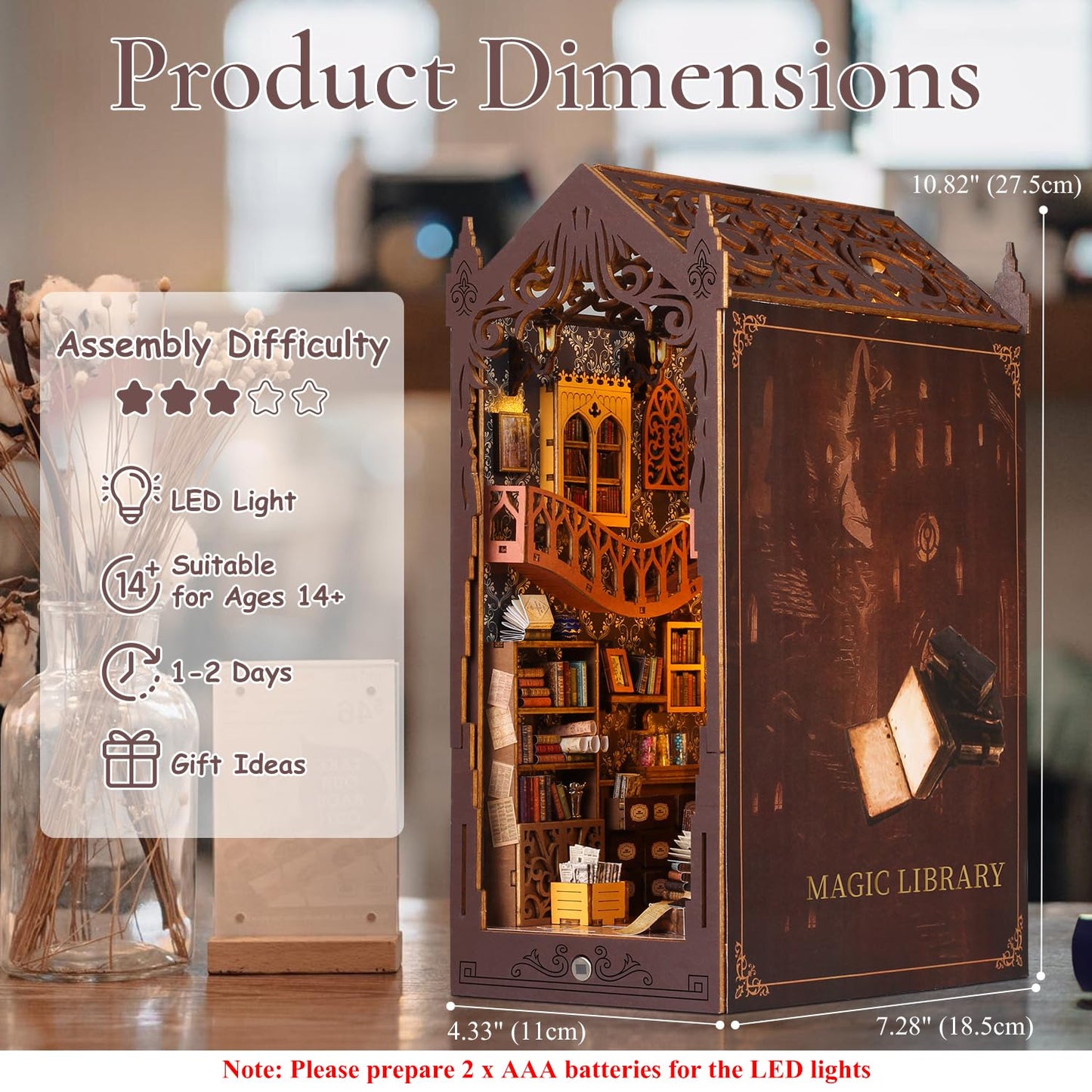 TuKIIE DIY Book Nook Miniature Kit with Sensor Light – Dust-Proof Wooden Library Display