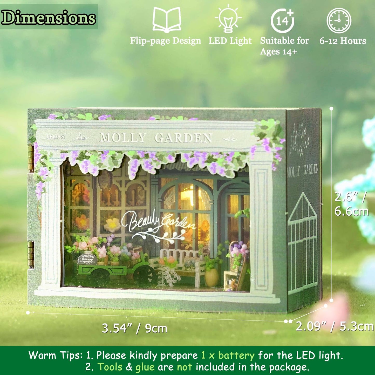 TuKIIE DIY Miniature Dollhouse Kit 1:32 Scale – Opened & Closed Mini Cube, Molly Garden