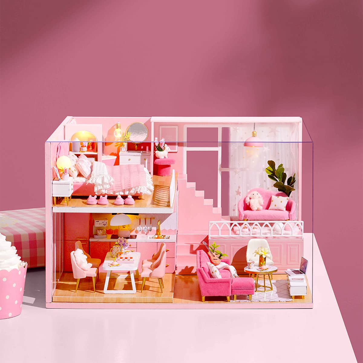 TuKIIE DIY Miniature Dollhouse Kit 1:24 Scale with Furniture, Dust-Proof Cover & Music Movement