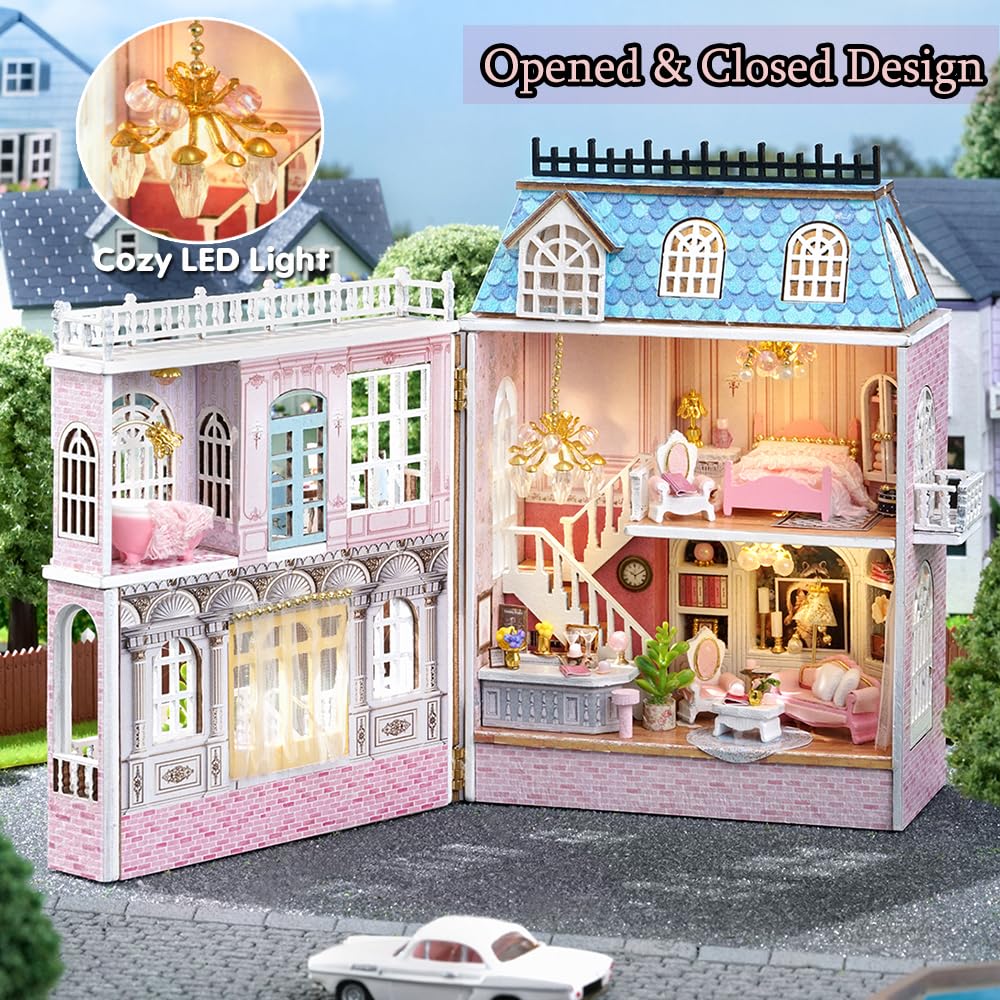 TuKIIE DIY Miniature Dollhouse Kit – 1:32 Scale with Furniture, Opened & Closed Romantic Castle