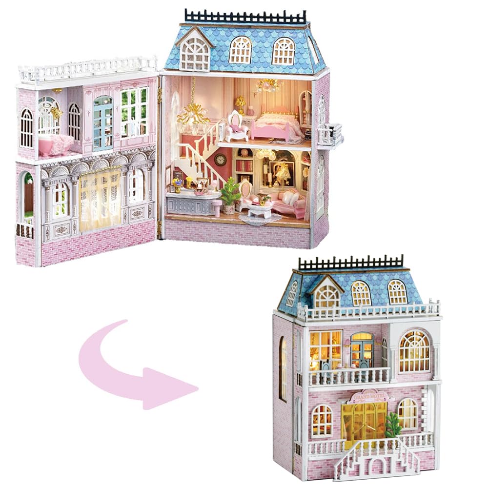 TuKIIE DIY Miniature Dollhouse Kit – 1:32 Scale with Furniture, Opened & Closed Romantic Castle