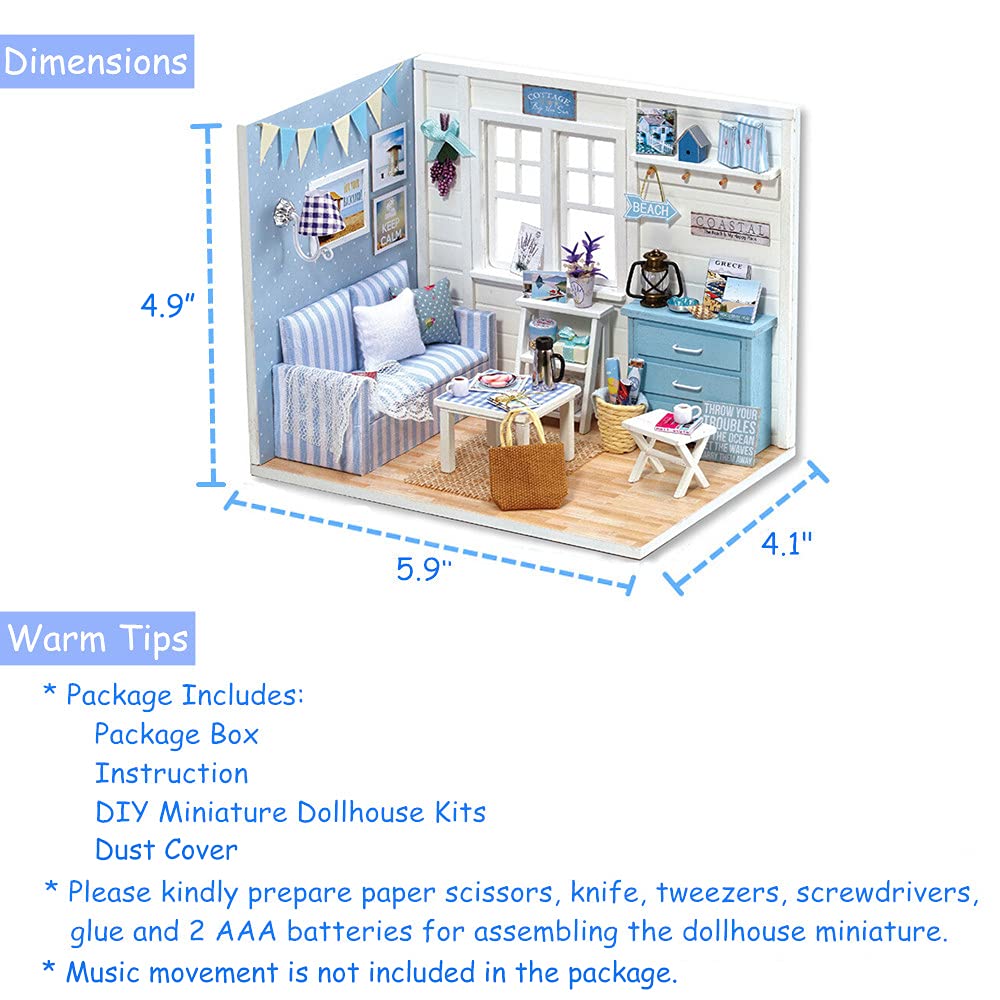 TuKIIE DIY Miniature Dollhouse Kit with Beach Cottage Furniture – 1:24 Scale