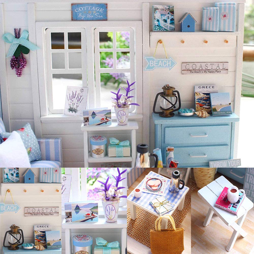 TuKIIE DIY Miniature Dollhouse Kit with Beach Cottage Furniture – 1:24 Scale