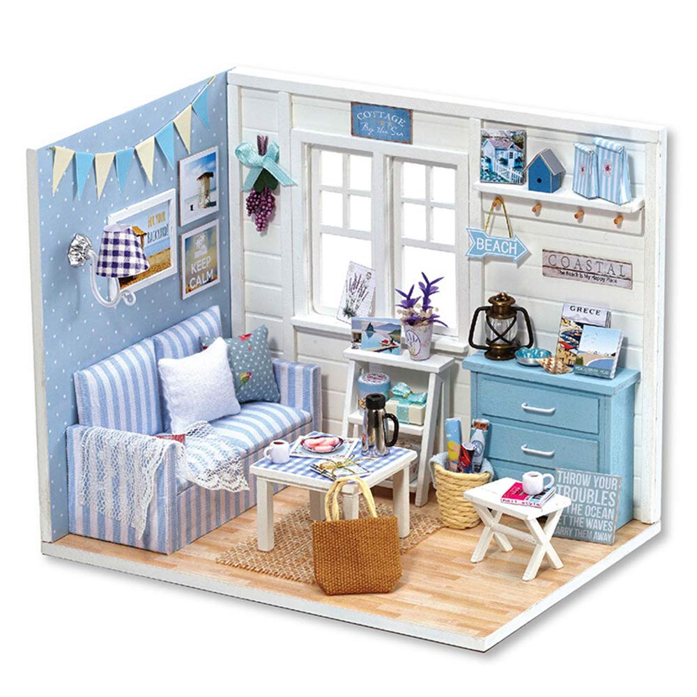 TuKIIE DIY Miniature Dollhouse Kit with Beach Cottage Furniture – 1:24 Scale