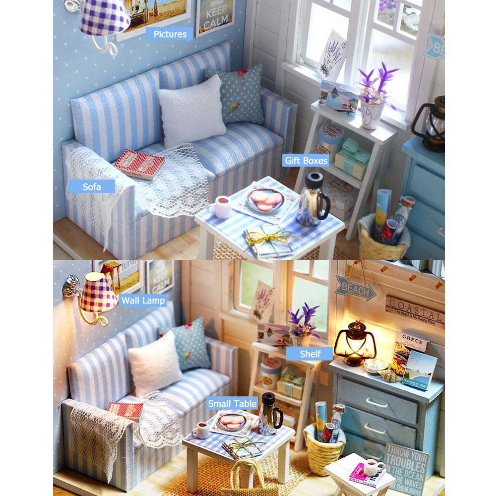TuKIIE DIY Miniature Dollhouse Kit with Beach Cottage Furniture – 1:24 Scale