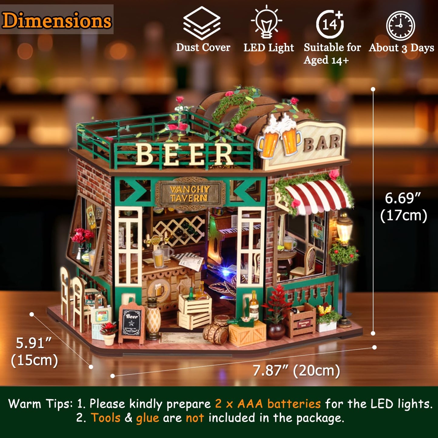 TuKIIE DIY Miniature House Kit 1:24 – Beer Bar with Furniture & Lighting