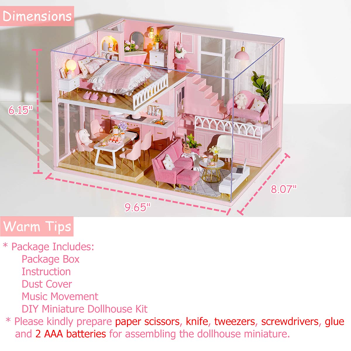 TuKIIE DIY Miniature Dollhouse Kit 1:24 Scale with Furniture, Dust-Proof Cover & Music Movement