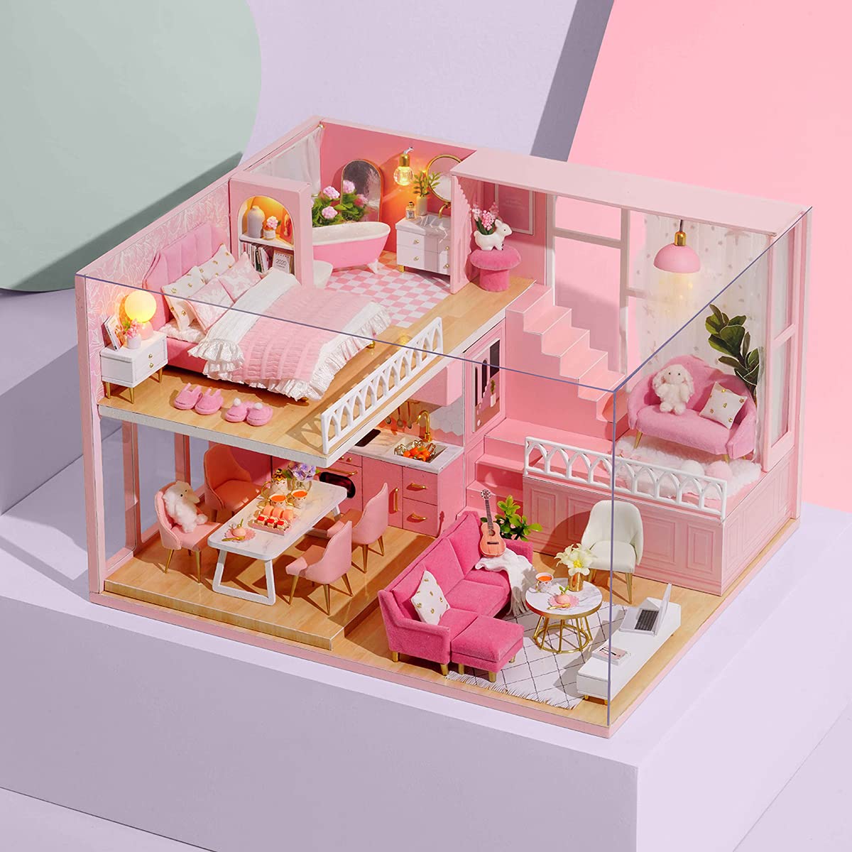TuKIIE DIY Miniature Dollhouse Kit 1:24 Scale with Furniture, Dust-Proof Cover & Music Movement
