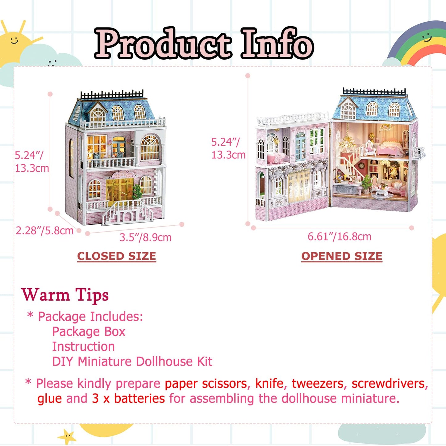 TuKIIE DIY Miniature Dollhouse Kit – 1:32 Scale with Furniture, Opened & Closed Romantic Castle