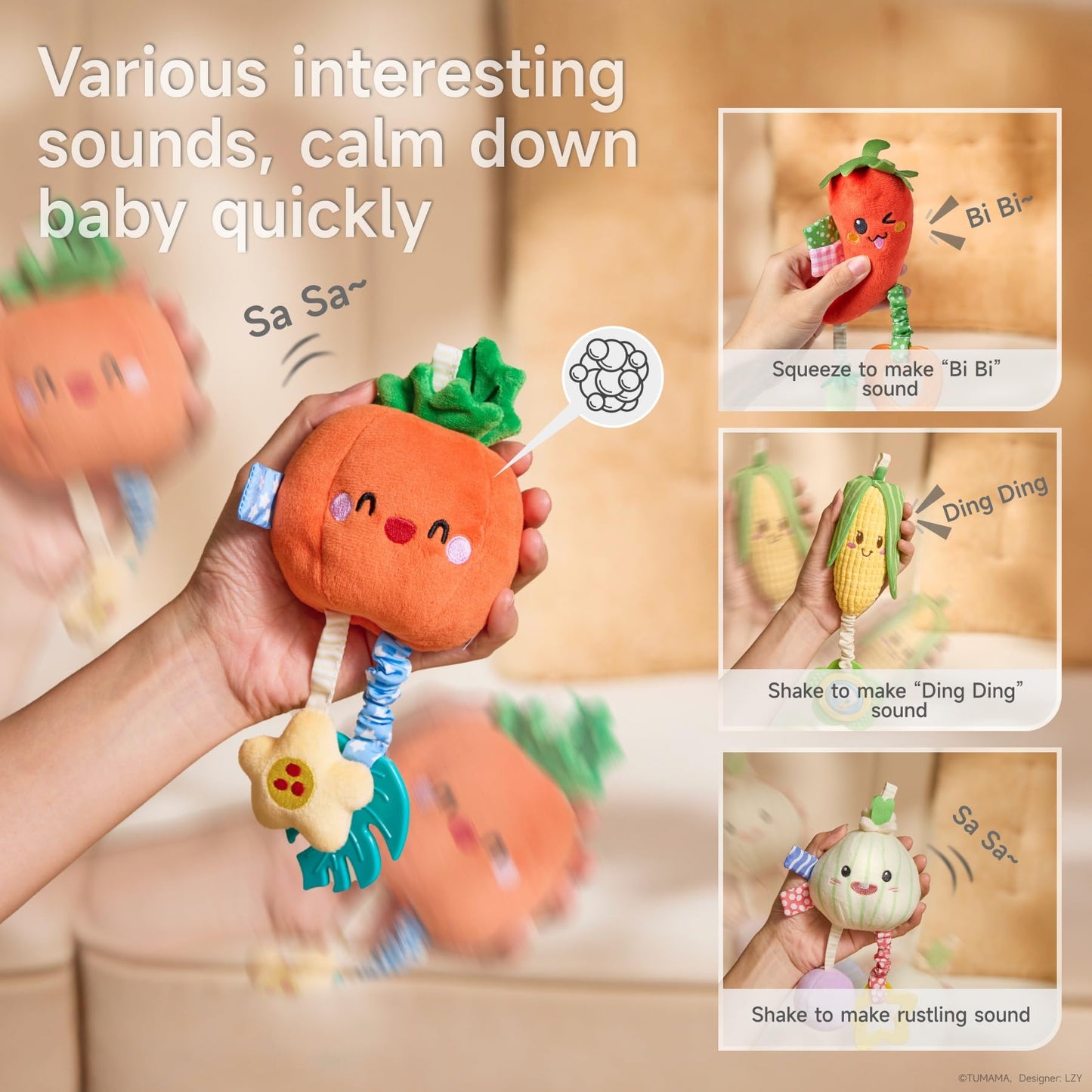 TUMAMA KIDS Hanging Baby Toys 4-Pack Veggie Crib Stroller Rattle Teethers