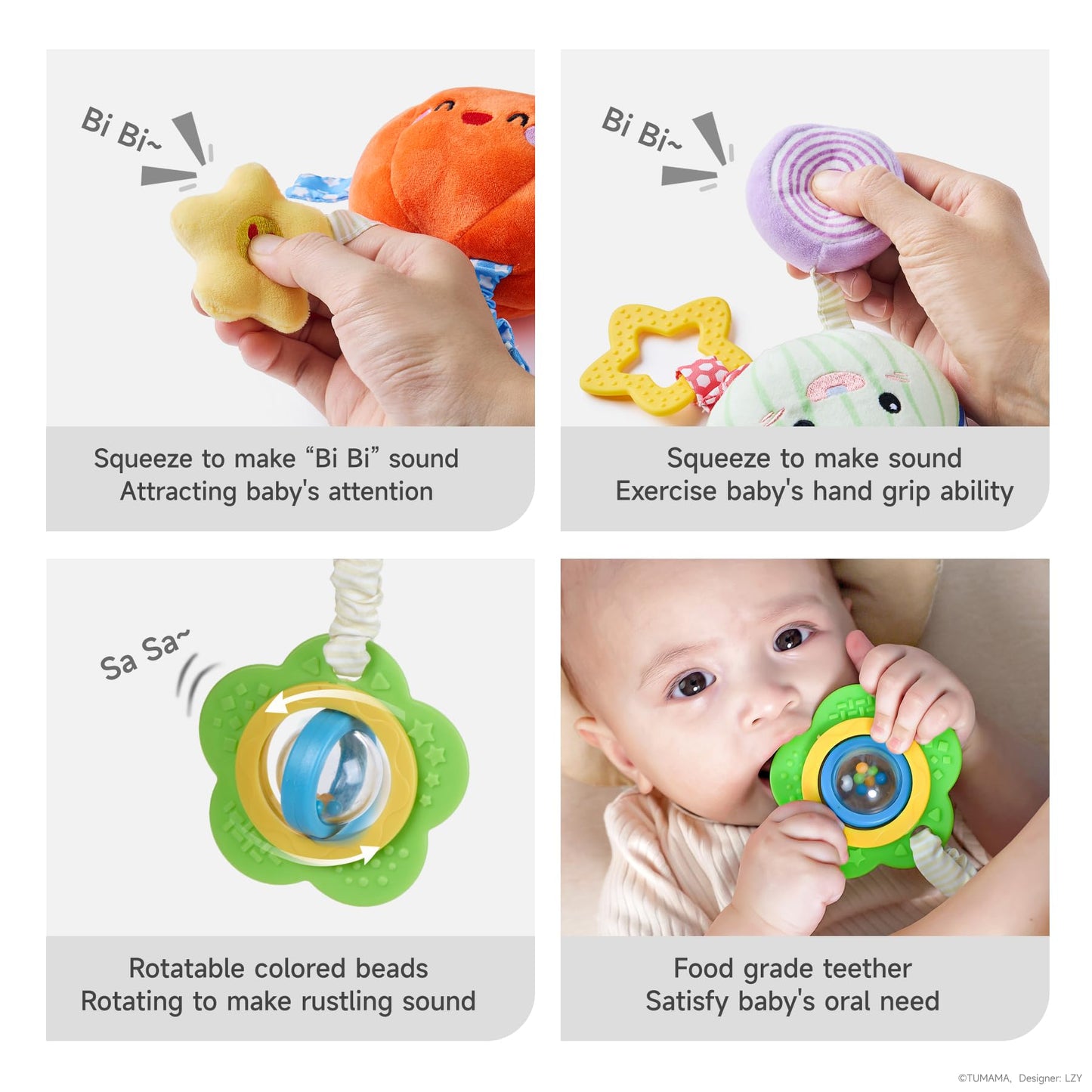 TUMAMA KIDS Hanging Baby Toys 4-Pack Veggie Crib Stroller Rattle Teethers