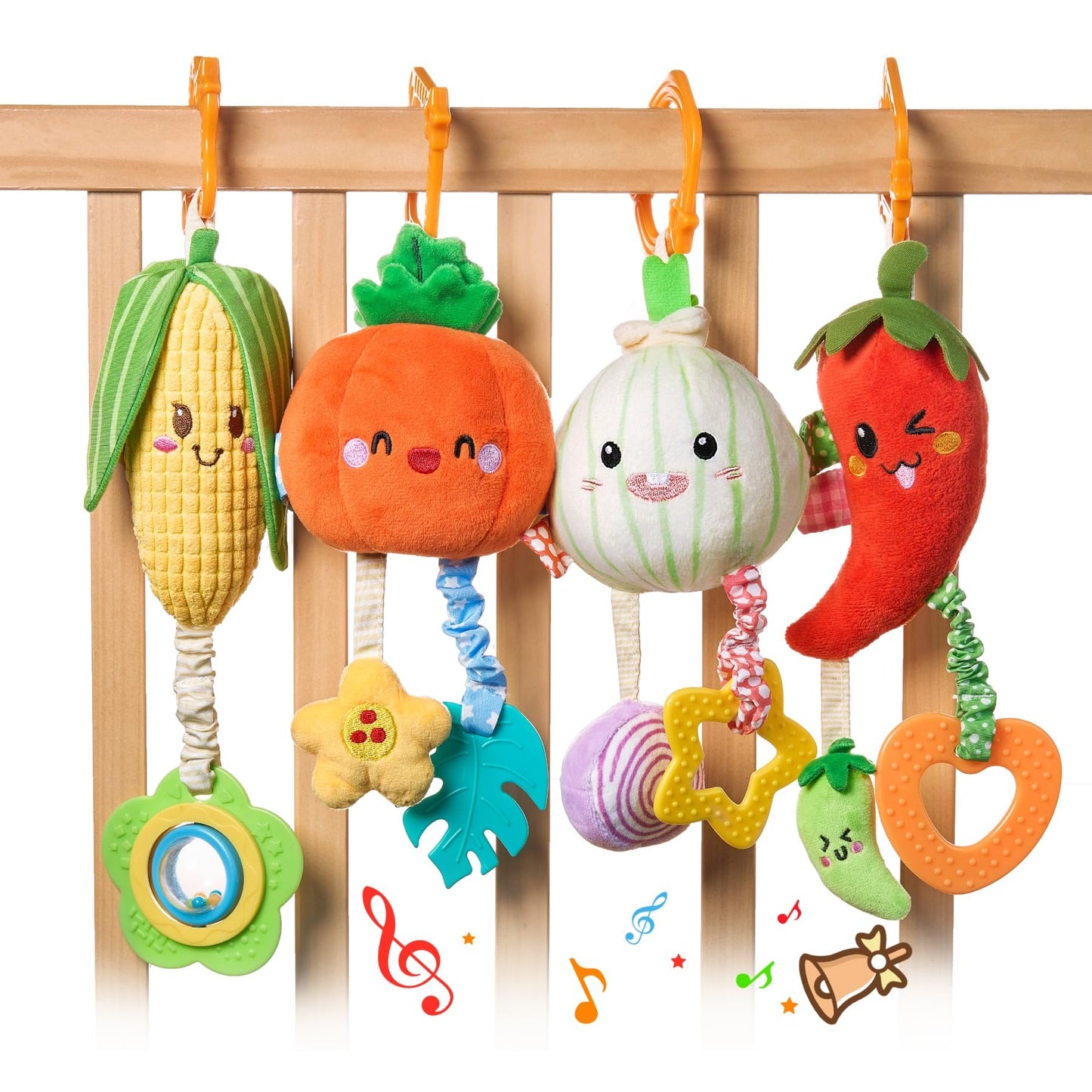 TUMAMA KIDS Hanging Baby Toys 4-Pack Veggie Crib Stroller Rattle Teethers