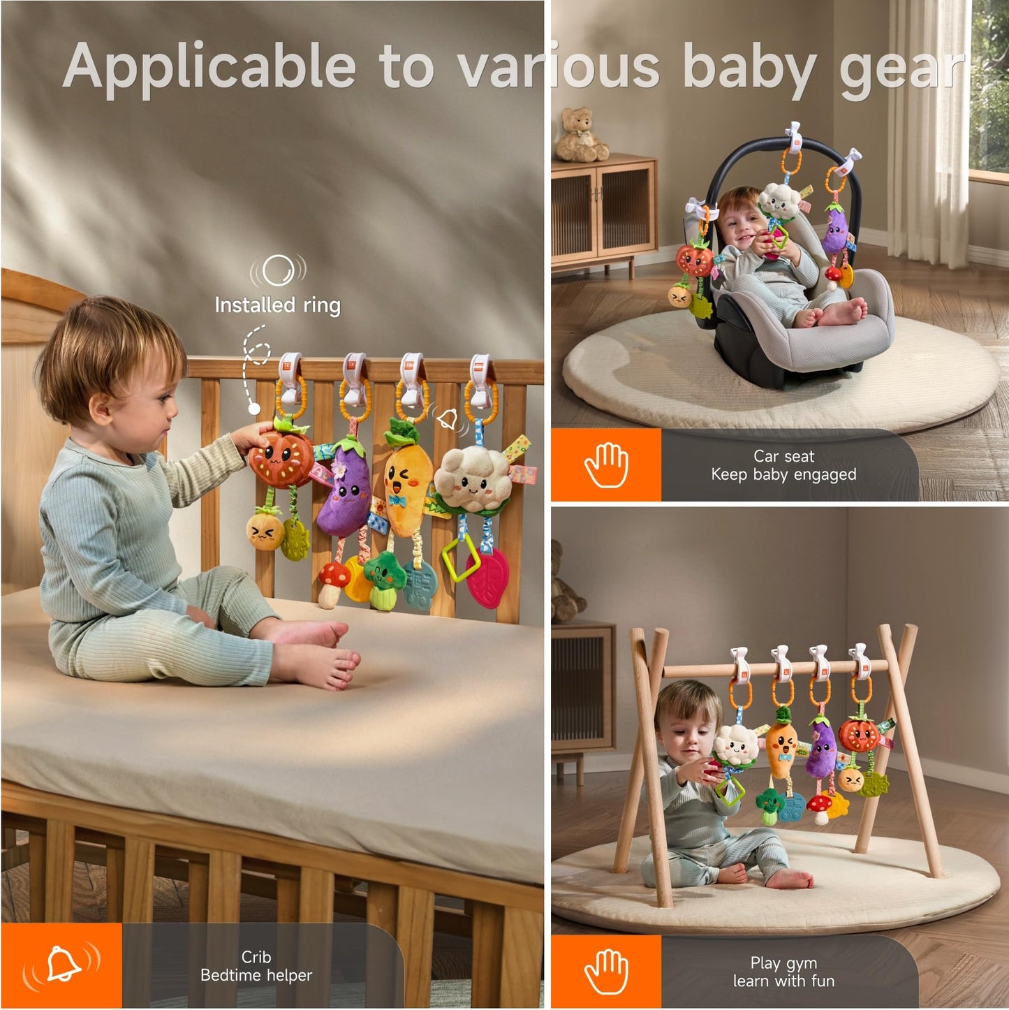 TUMAMA KIDS Hanging Vegetable Plush Toy Set – 4 Colorful Crib & Stroller Toys with Rattle