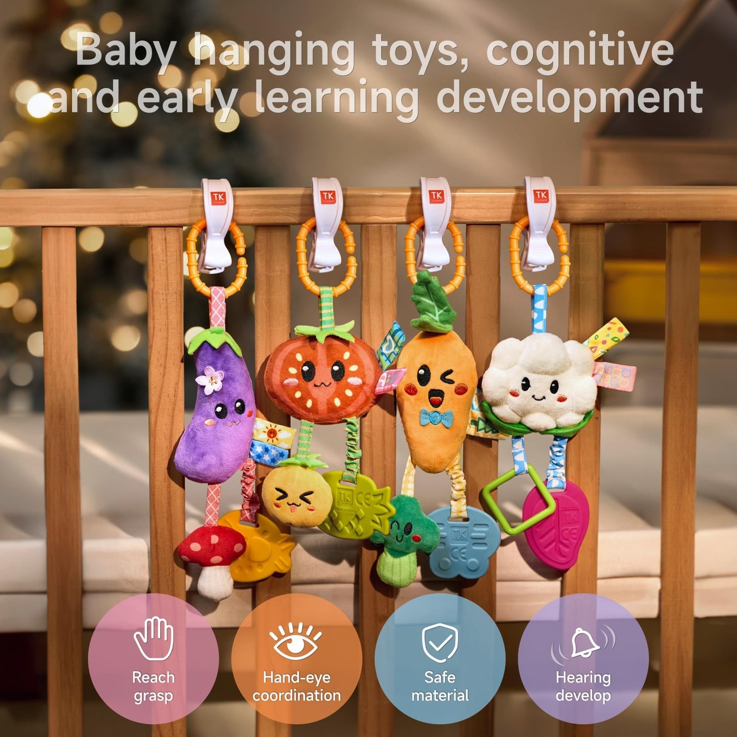 TUMAMA KIDS Hanging Vegetable Plush Toy Set – 4 Colorful Crib & Stroller Toys with Rattle