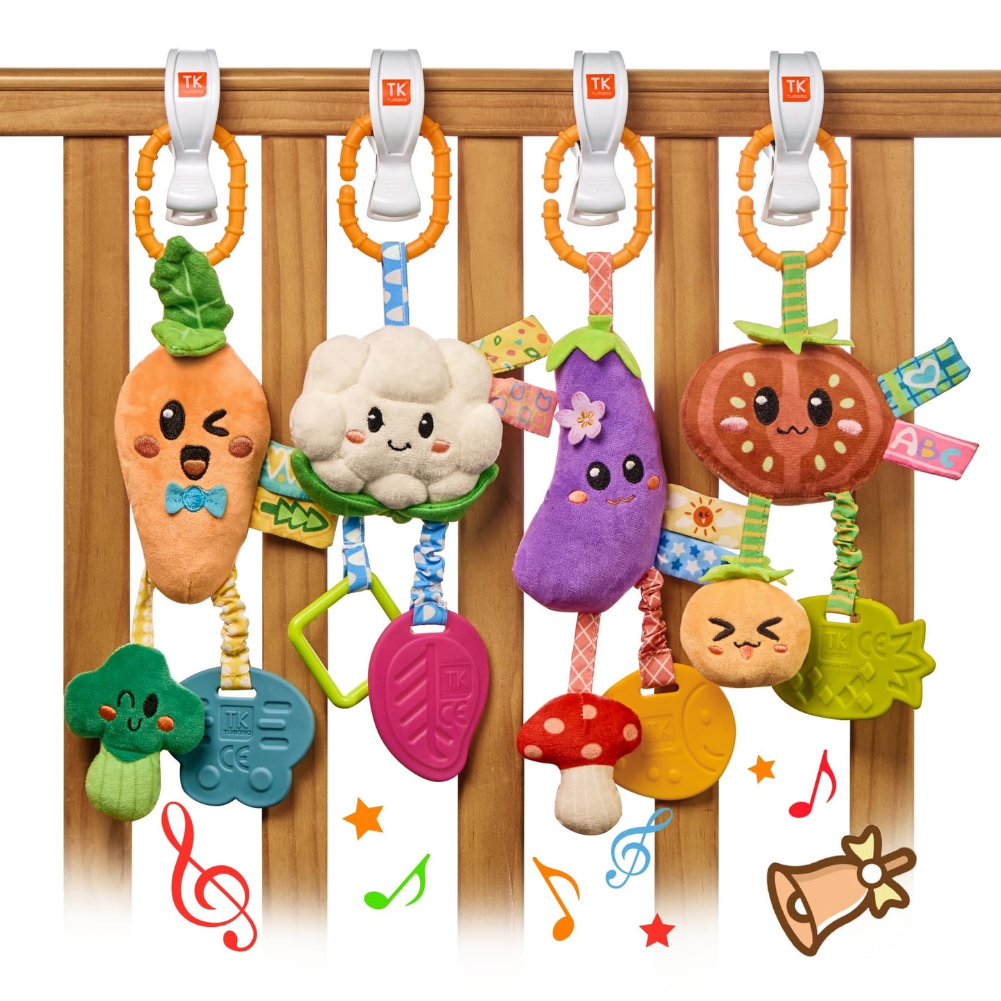 TUMAMA KIDS Hanging Vegetable Plush Toy Set – 4 Colorful Crib & Stroller Toys with Rattle