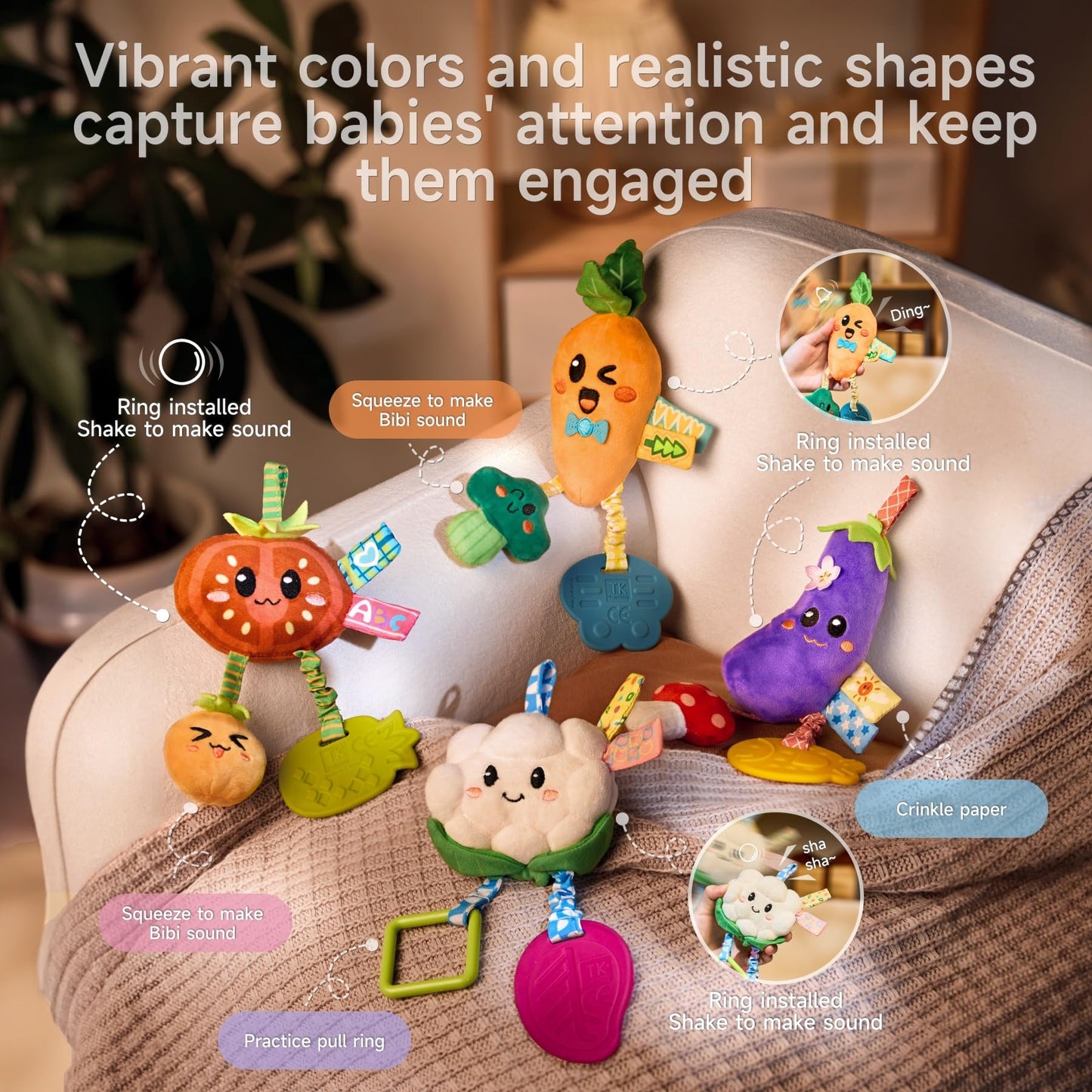 TUMAMA KIDS Hanging Vegetable Plush Toy Set – 4 Colorful Crib & Stroller Toys with Rattle