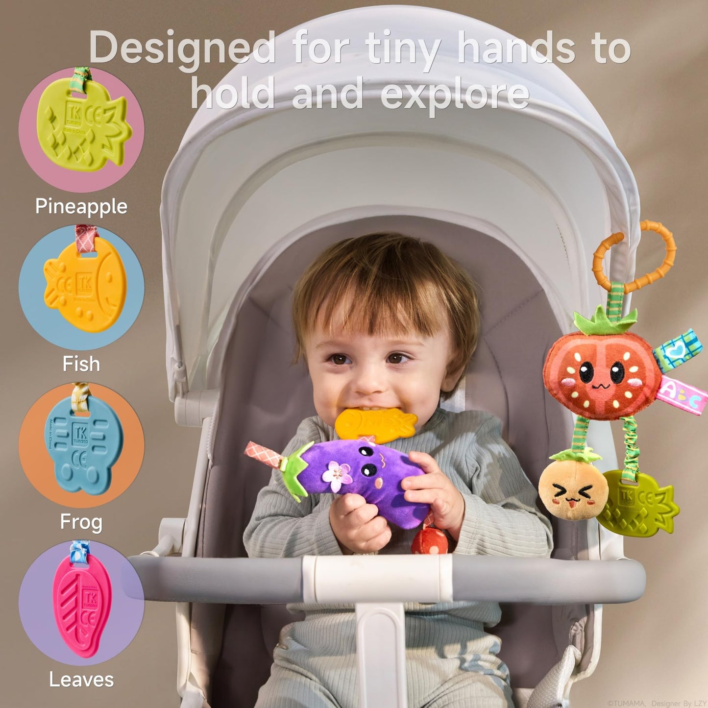 TUMAMA KIDS Hanging Vegetable Plush Toy Set – 4 Colorful Crib & Stroller Toys with Rattle