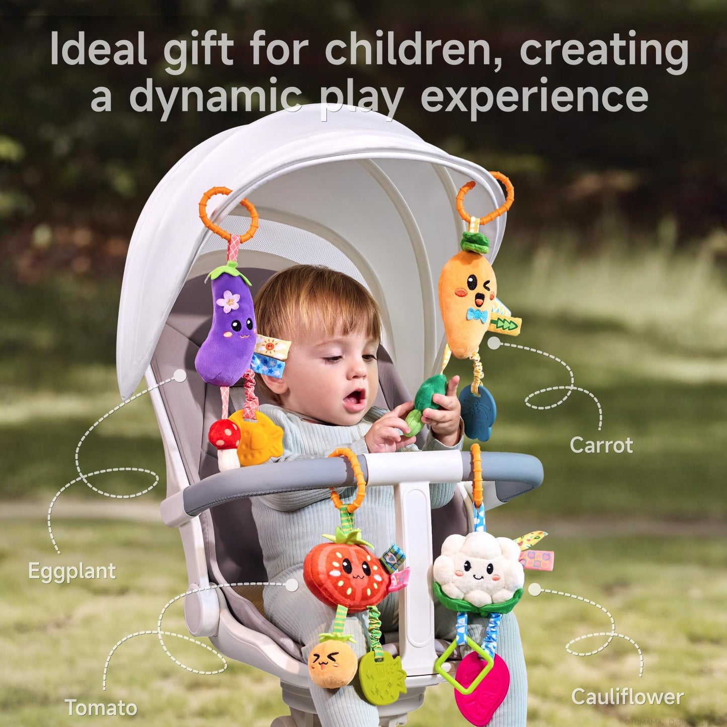 TUMAMA KIDS Hanging Vegetable Plush Toy Set – 4 Colorful Crib & Stroller Toys with Rattle