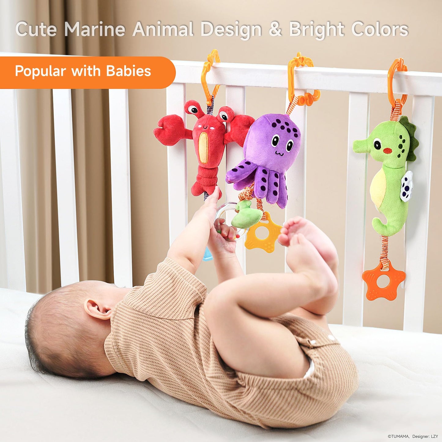 TUMAMA Baby Toys 0-12 Months | Hanging Marine Animal Toys with Teether & Crinkle Rattle