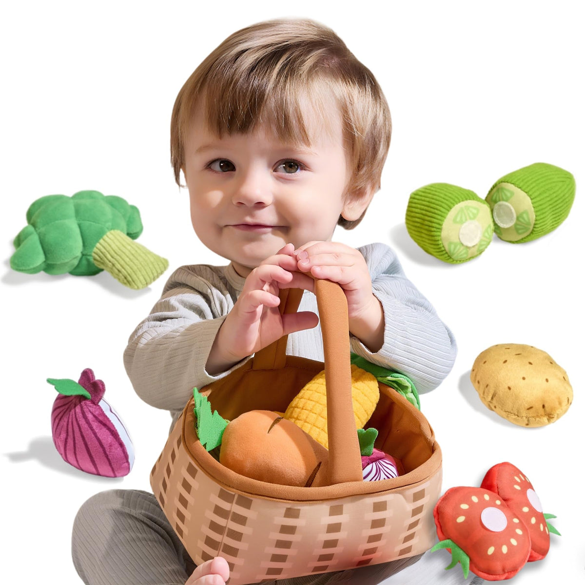 TUMAMA KIDS Plush Veggie Basket Play Set – Soft Sensory Baby Toys for 0–12 Months