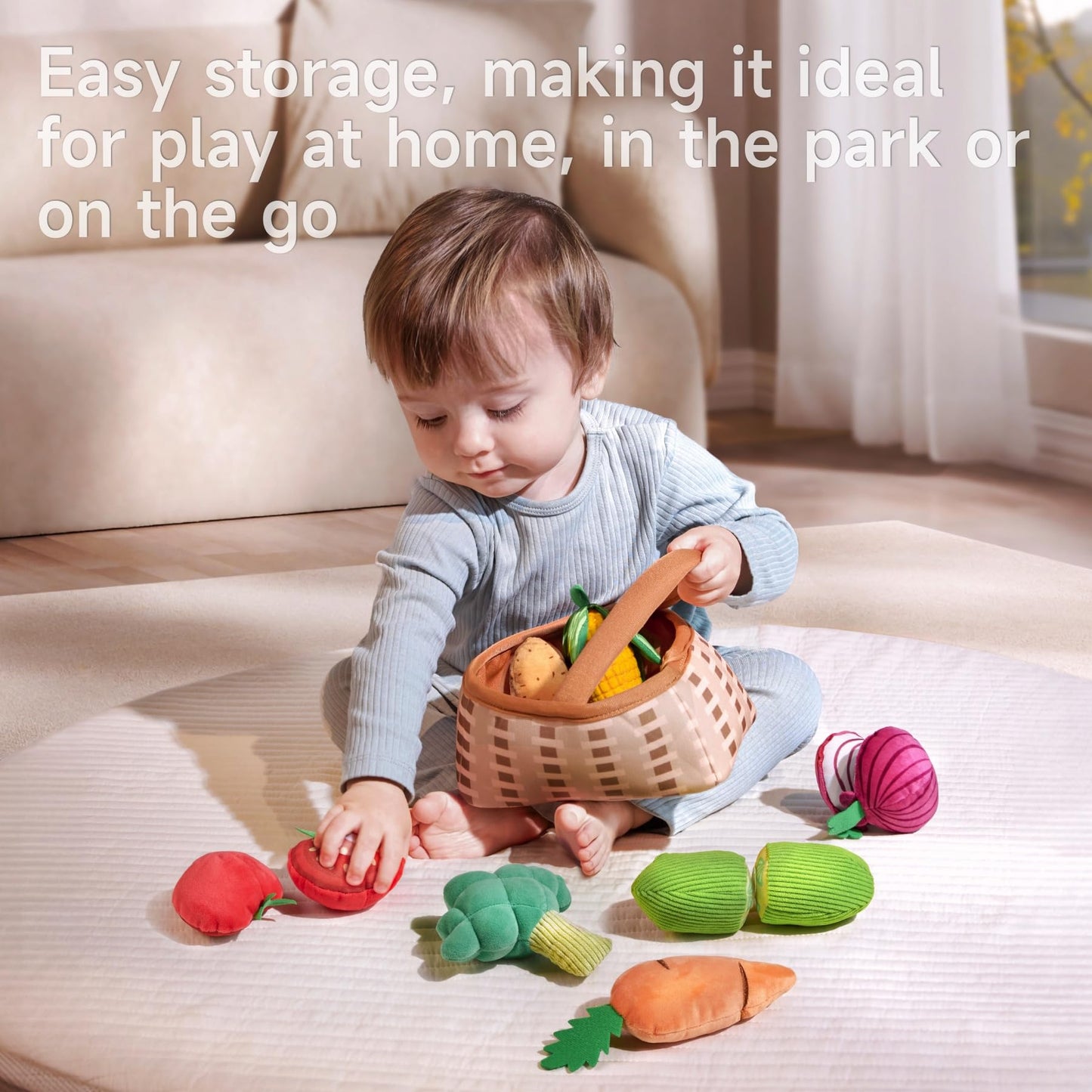 TUMAMA KIDS Plush Veggie Basket Play Set – Soft Sensory Baby Toys for 0–12 Months