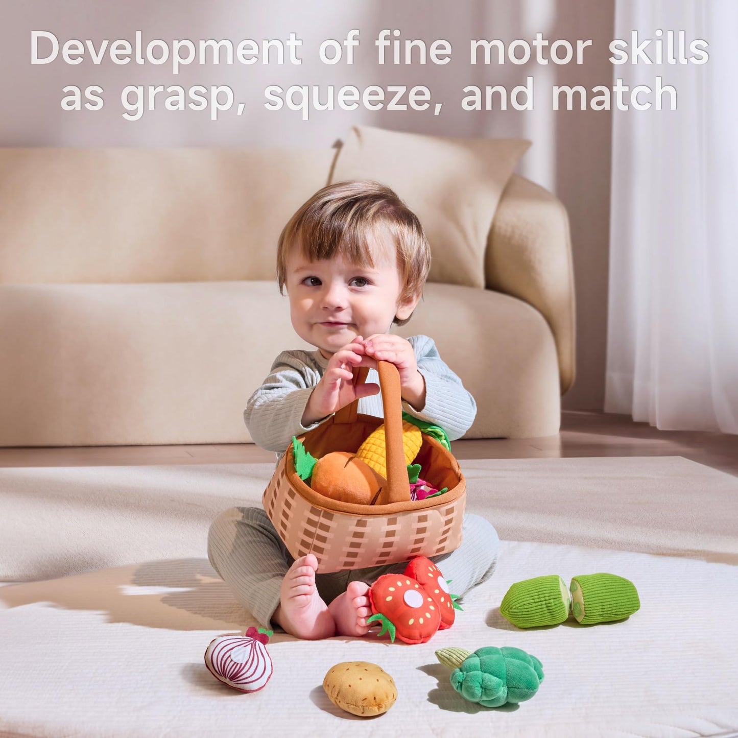 TUMAMA KIDS Plush Veggie Basket Play Set – Soft Sensory Baby Toys for 0–12 Months