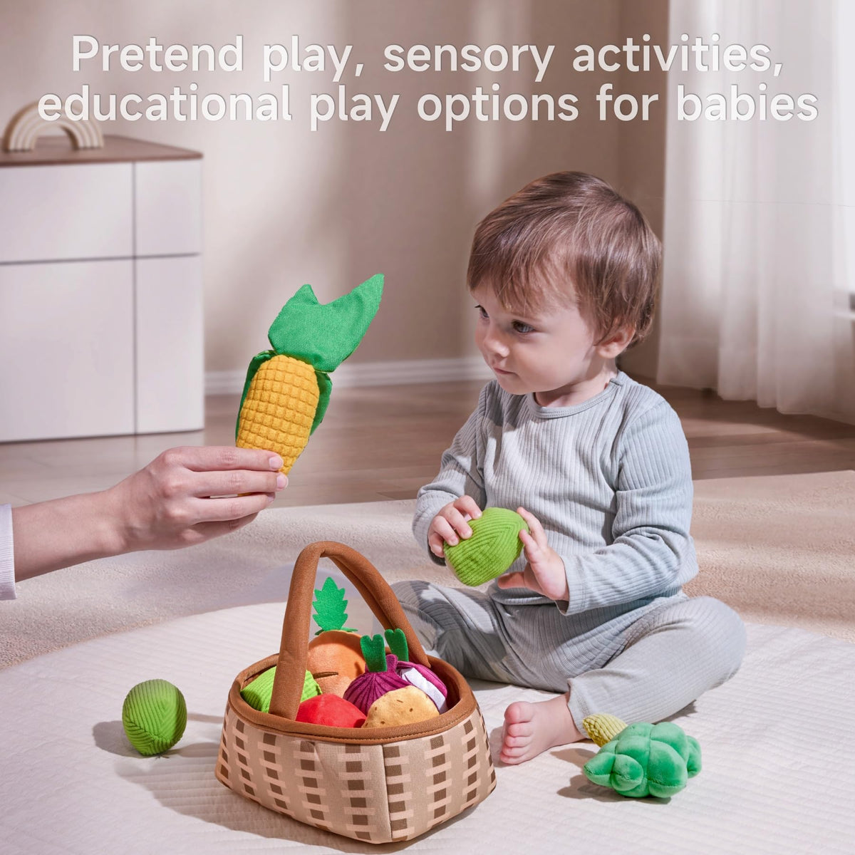 TUMAMA KIDS Plush Veggie Basket Play Set – Soft Sensory Baby Toys for 0–12 Months