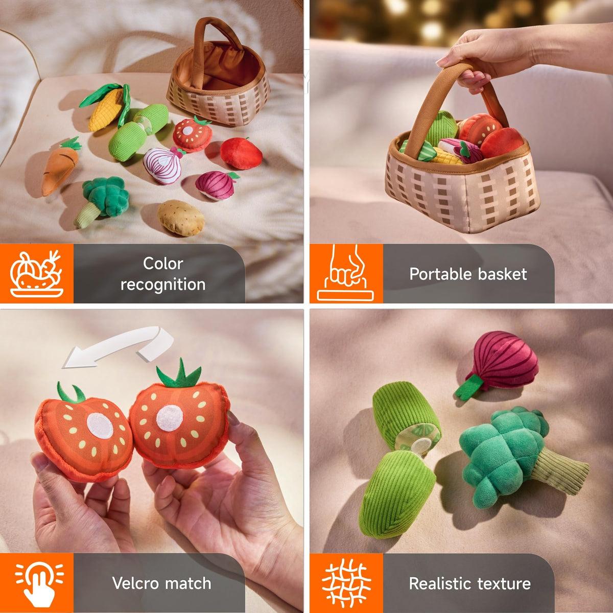 TUMAMA KIDS Plush Veggie Basket Play Set – Soft Sensory Baby Toys for 0–12 Months