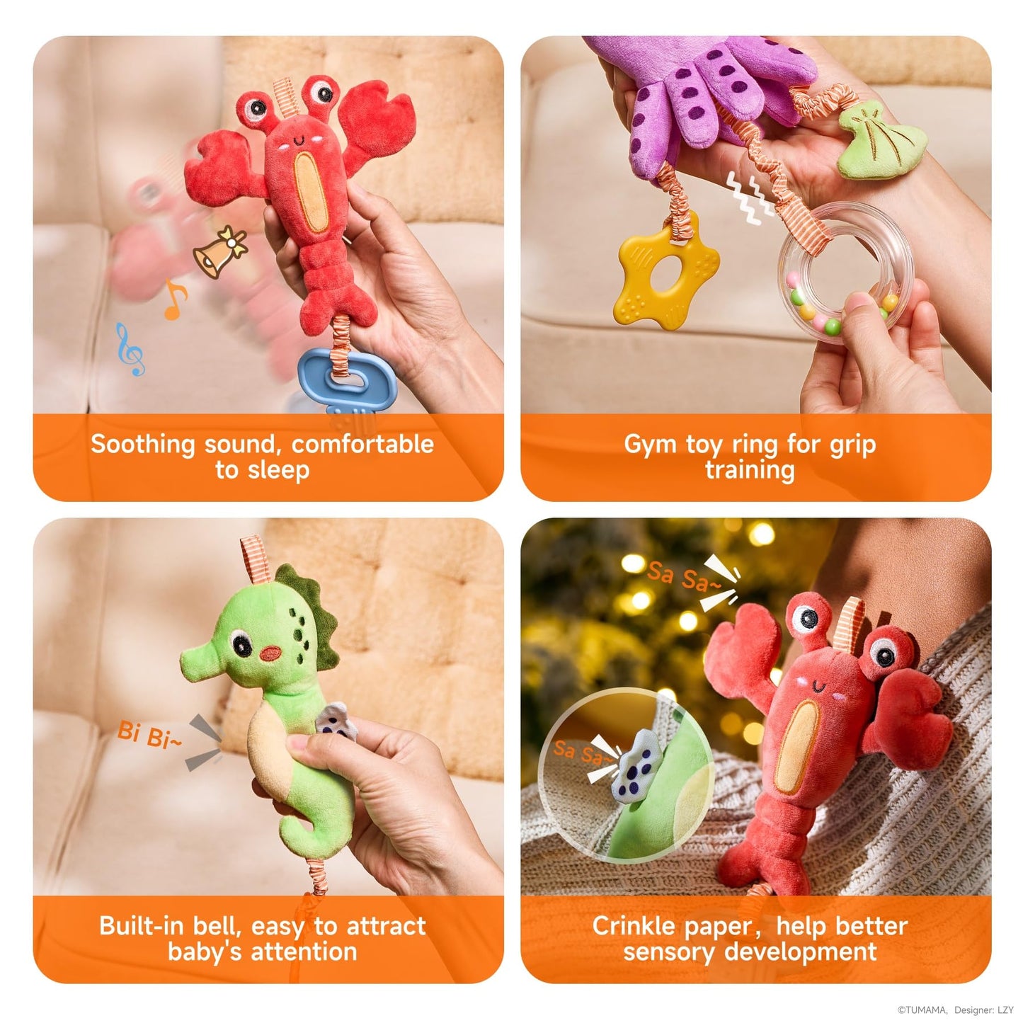 TUMAMA Baby Toys 0-12 Months | Hanging Marine Animal Toys with Teether & Crinkle Rattle