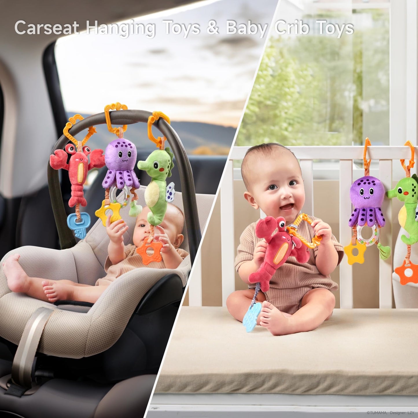 TUMAMA Baby Toys 0-12 Months | Hanging Marine Animal Toys with Teether & Crinkle Rattle