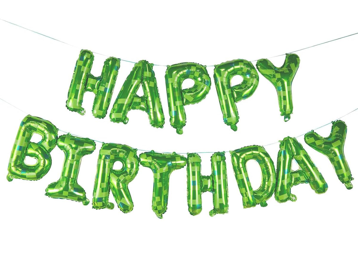 TUMEYET Cartoon Green Pixel Miner Birthday Balloons – 16 Inch Letters & Numbers Banner