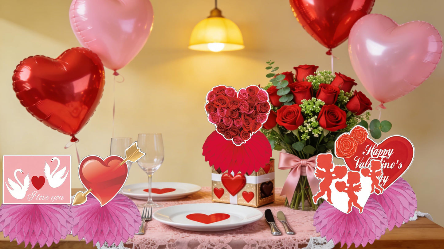 TUOCYERD Pack of 9 Valentine’s Honeycomb Centerpieces – Double-Sided 3D Hearts, Roses, XOXO & Love