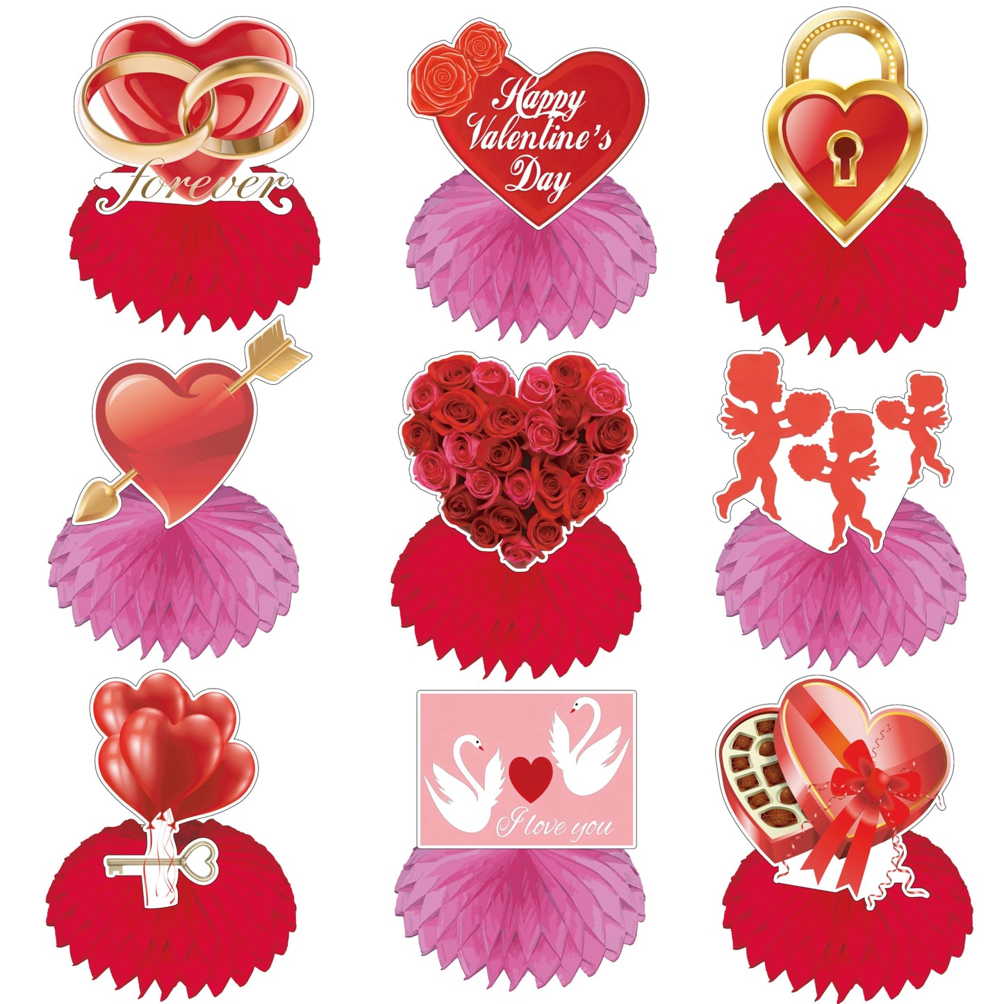 TUOCYERD Pack of 9 Valentine’s Honeycomb Centerpieces – Double-Sided 3D Hearts, Roses, XOXO & Love