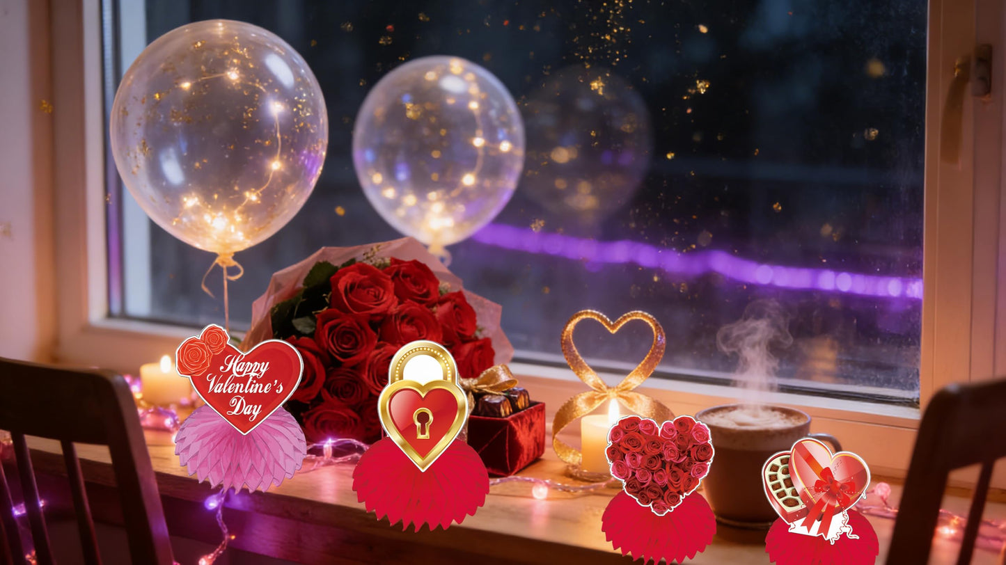 TUOCYERD Pack of 9 Valentine’s Honeycomb Centerpieces – Double-Sided 3D Hearts, Roses, XOXO & Love
