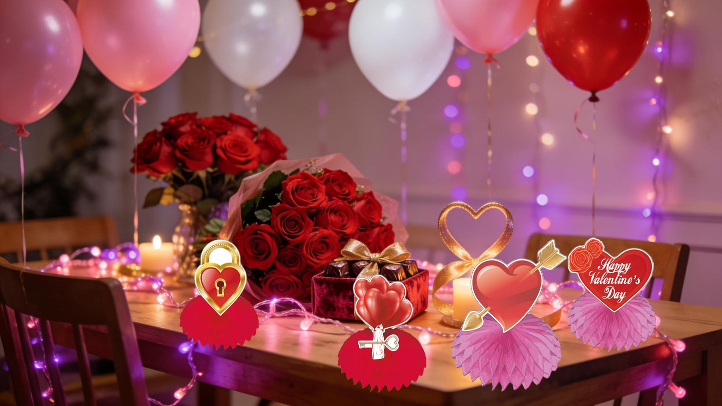 TUOCYERD Pack of 9 Valentine’s Honeycomb Centerpieces – Double-Sided 3D Hearts, Roses, XOXO & Love