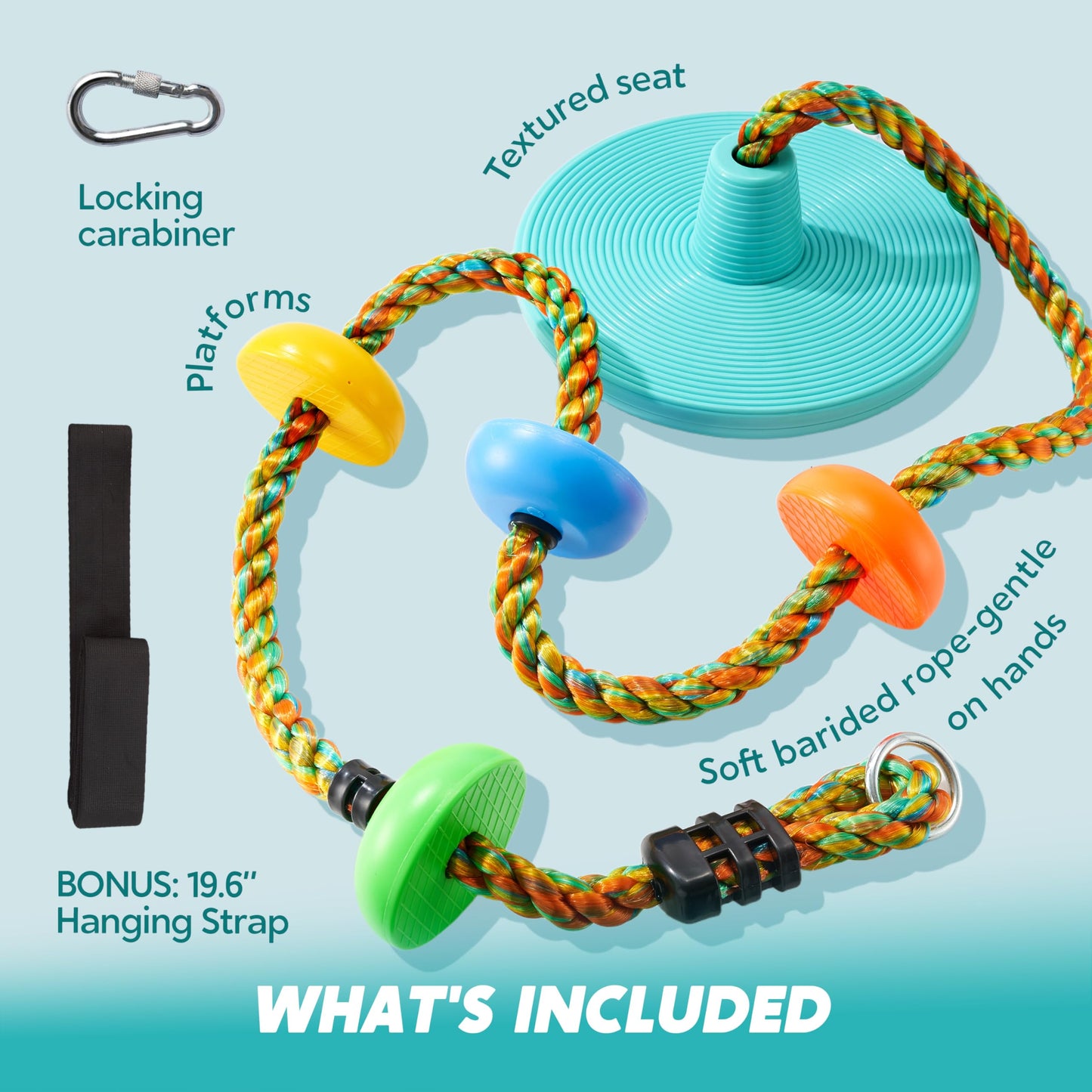 TURFEE Tree Swing for Kids - Blue Climbing Rope with Platforms, Disc Seat, Carabiner & 4ft Strap