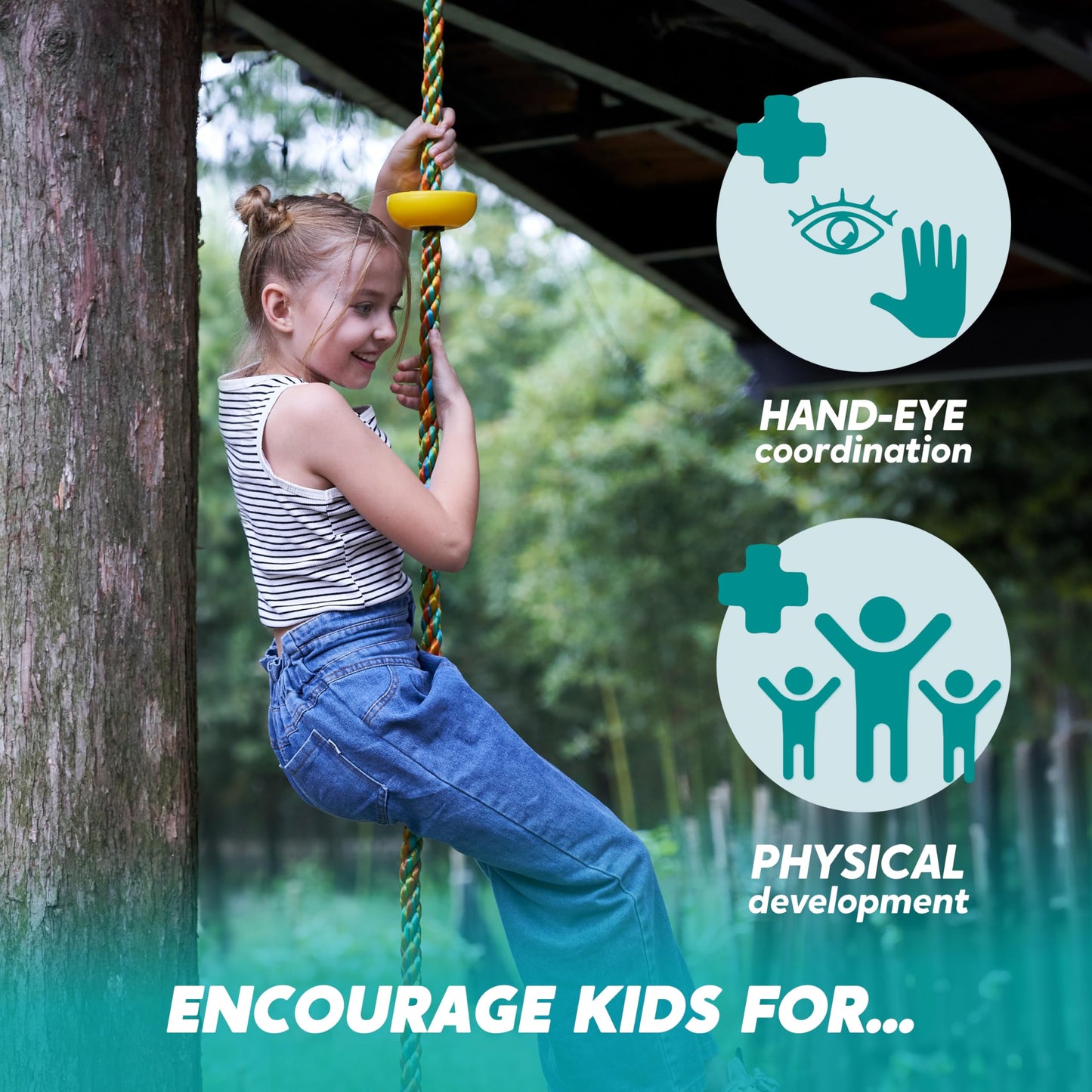 TURFEE Tree Swing for Kids - Blue Climbing Rope with Platforms, Disc Seat, Carabiner & 4ft Strap
