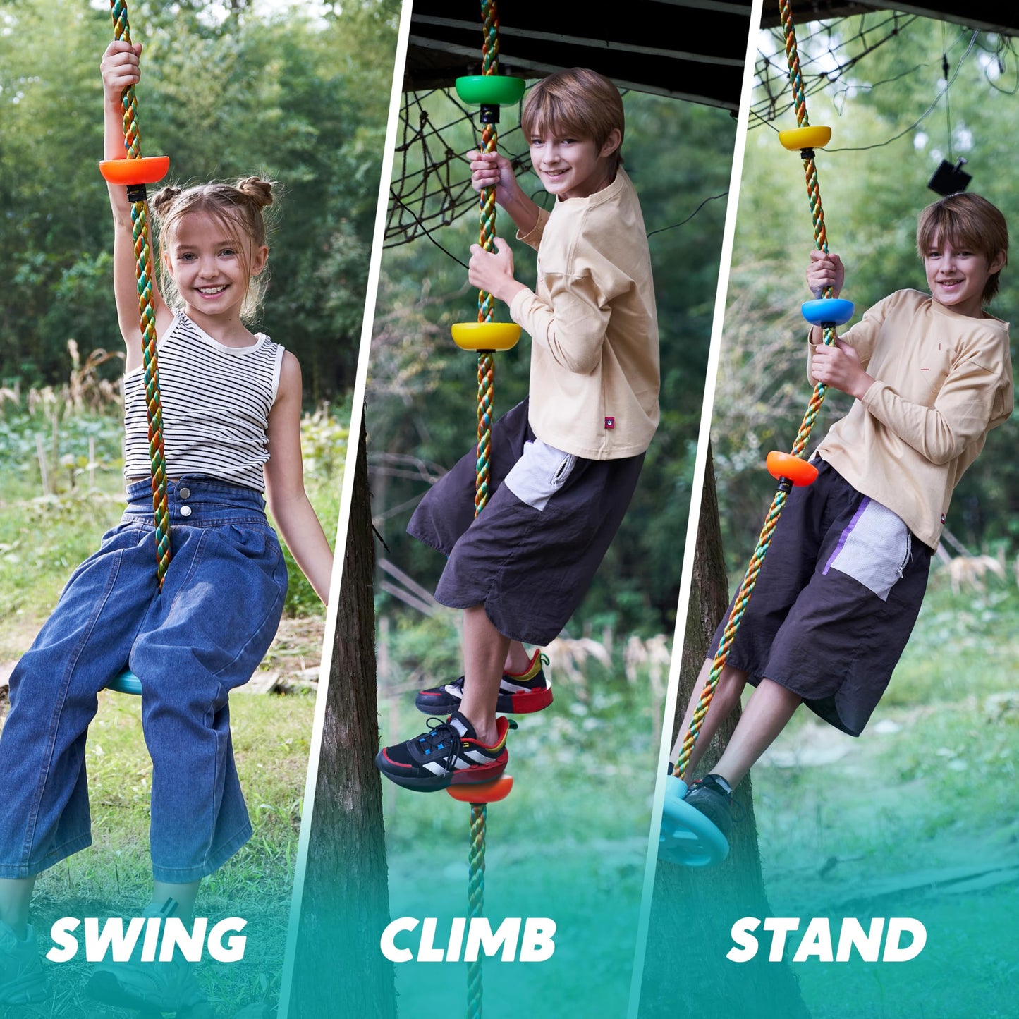 TURFEE Tree Swing for Kids - Blue Climbing Rope with Platforms, Disc Seat, Carabiner & 4ft Strap