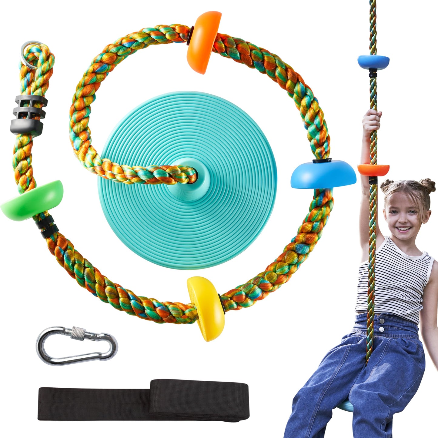 TURFEE Tree Swing for Kids - Blue Climbing Rope with Platforms, Disc Seat, Carabiner & 4ft Strap