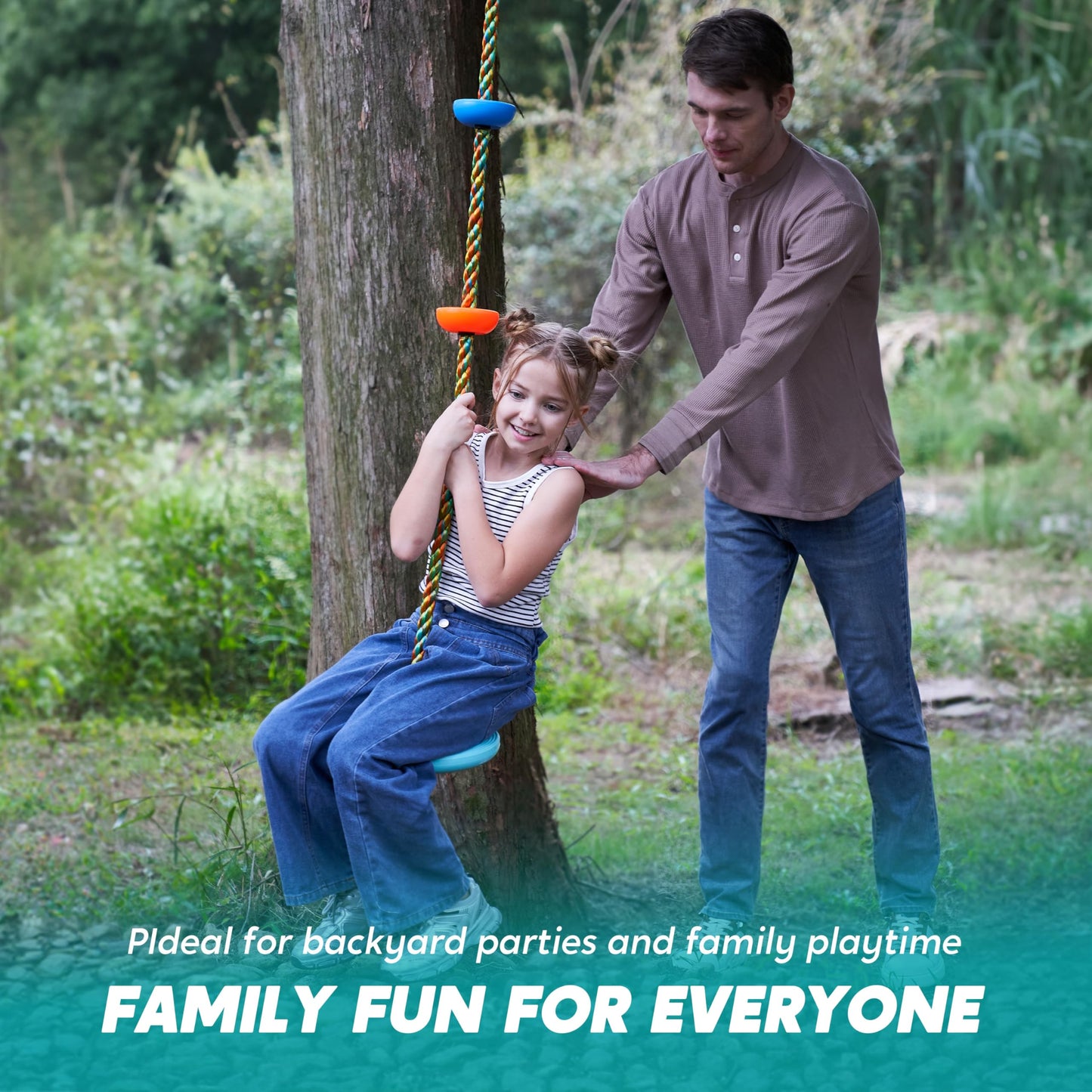 TURFEE Tree Swing for Kids - Blue Climbing Rope with Platforms, Disc Seat, Carabiner & 4ft Strap